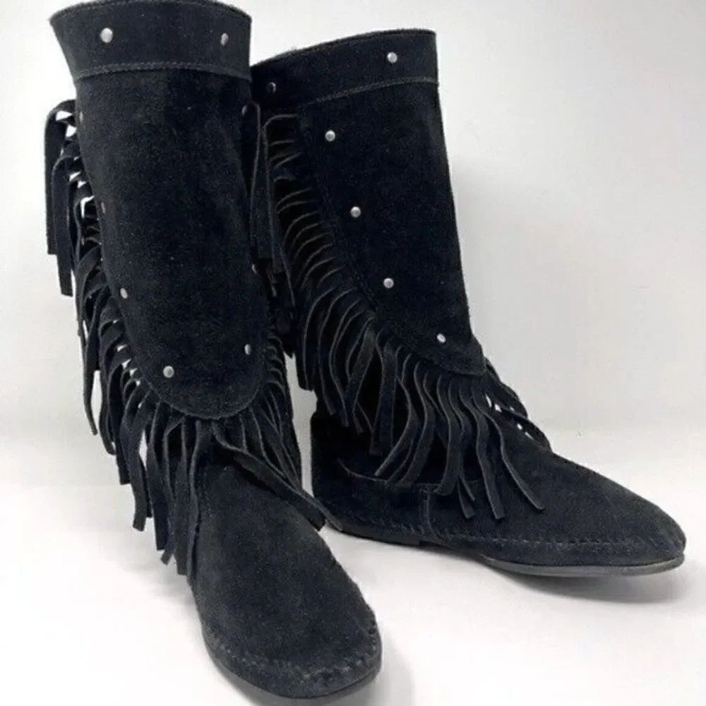 Minnetonka Vintage mid calf black suede boots fringe made in US 5 BoxW